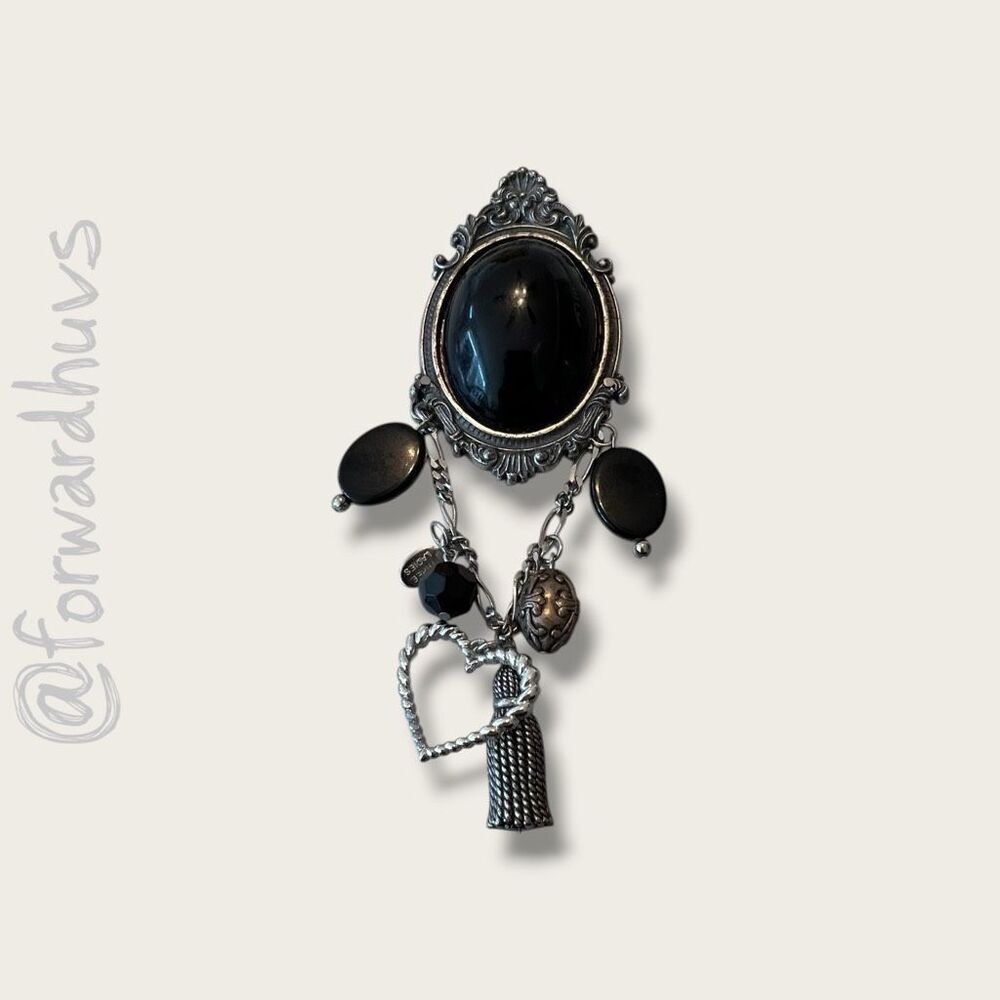 Vintage Three Ladies Gothic Revival Black Stone Dangle Brooch – Victorian‑Style